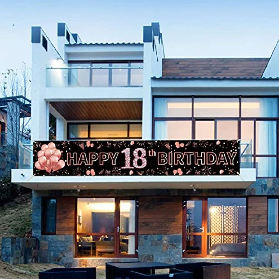 18th Birthday Decorations for Girls, Happy 18th Birthday Banner Rose Gold and Black 18 Year Old Birthday Decorations Party Supp