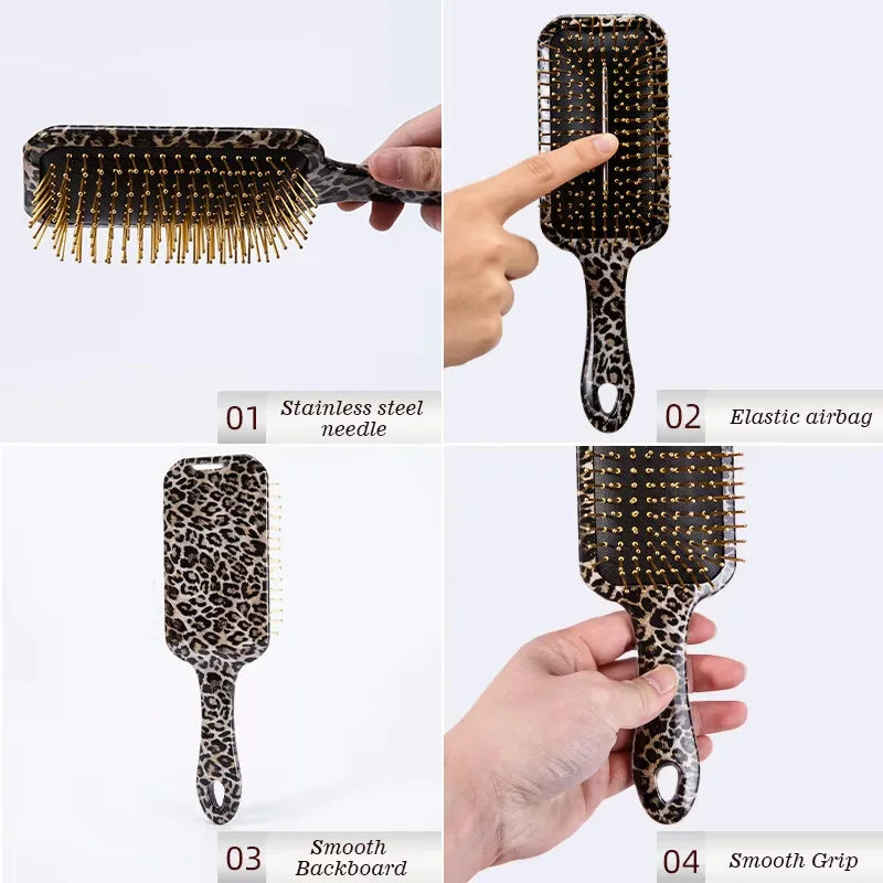 2Pcs Spray Hair Brush & Leopard Paddle Brush Set Refillable Fine Mist Hair Comb Detangle Anti‑Frizz Scalp Massage Air Cushion Hair Styling Tool for Women Wet Dry Hair