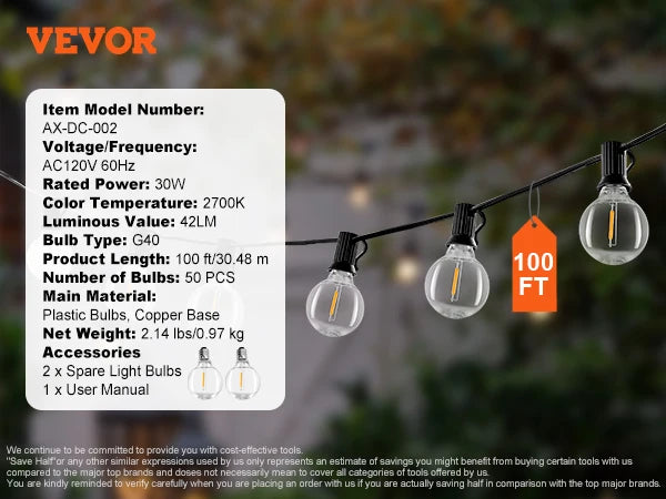 SucceBuy LED Outdoor String Lights 2700K Dimmable Waterproof