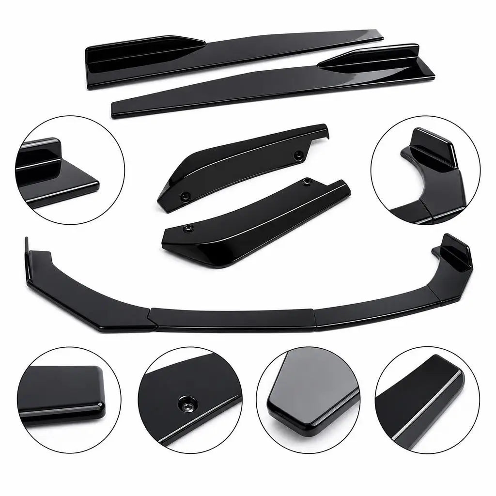 Universal 5 Piece Front Bumper Lip Splitter Kit For Car PP Black Front Spoiler Side Skirt Extension Racing Body Kit