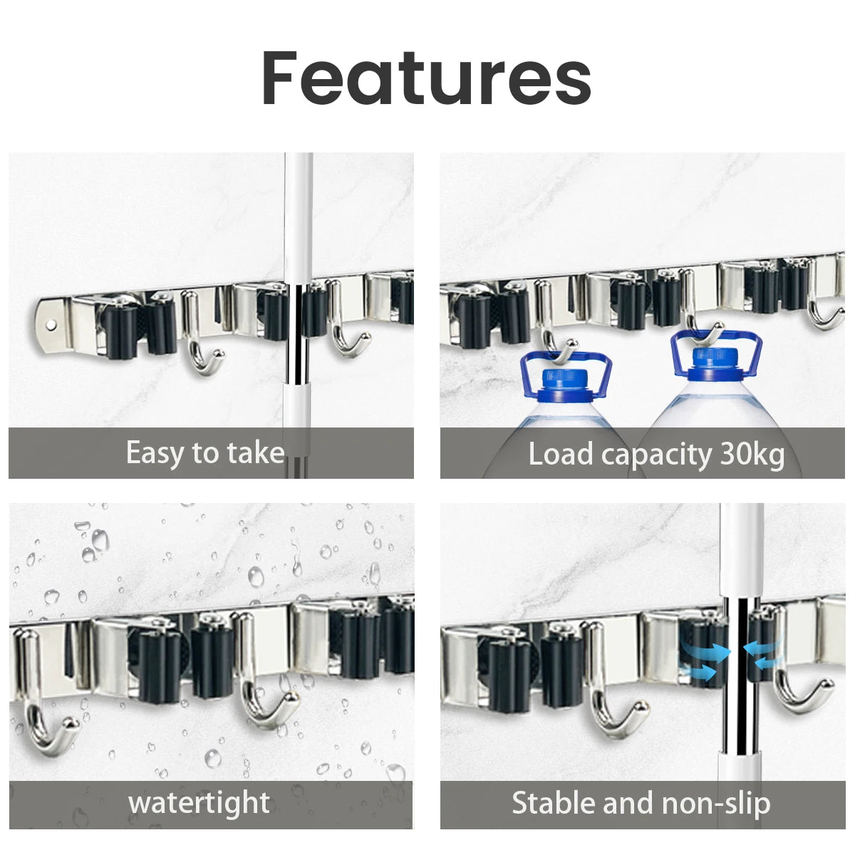 Adhesive 4 Hook Broom Mop Organizer Stainless Steel Wall Rack