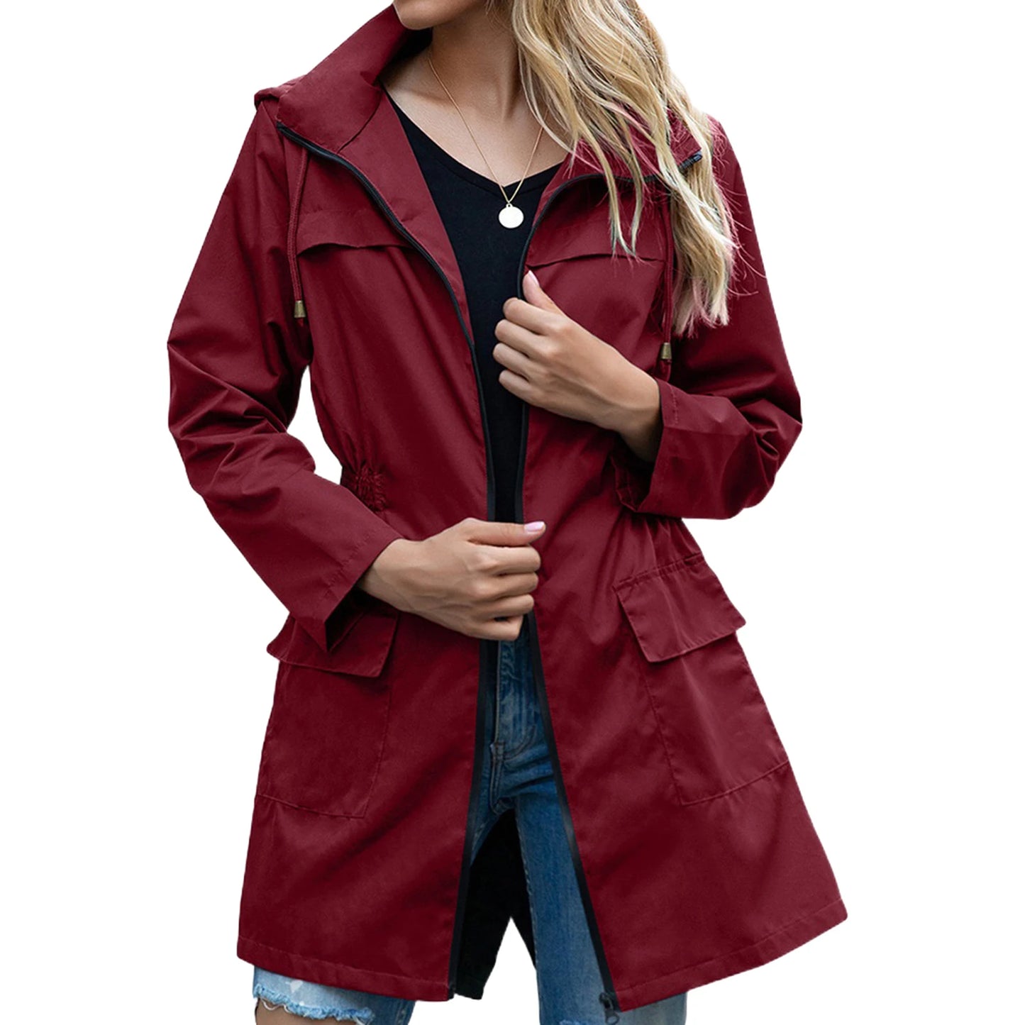 Women s Waterproof Hooded Lightweight Rain Jacket Outdoor Windproof Trench Coat Ladies Active Windbreaker with Pockets