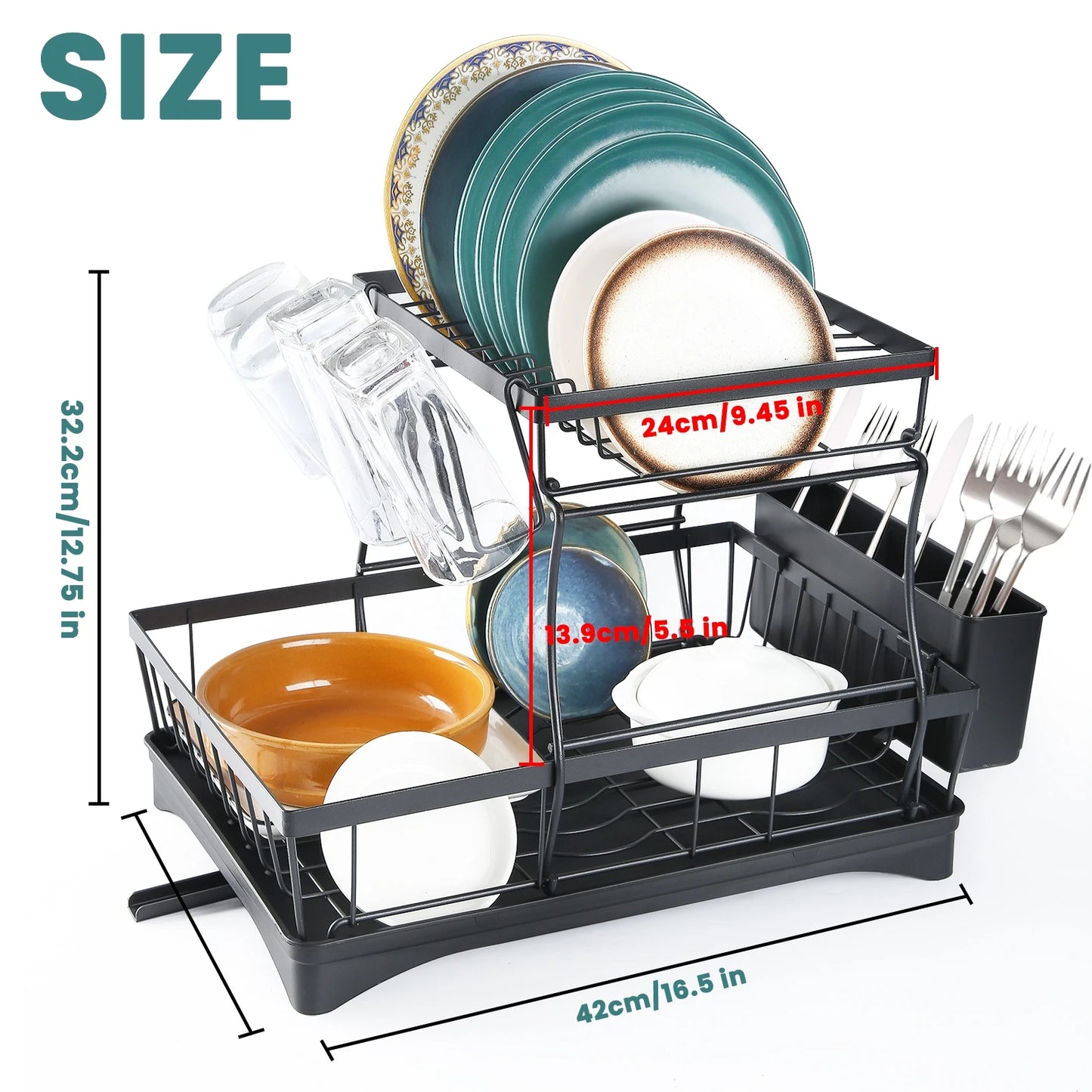 Removable 2-Tier Metal Dish Drying Rack for Kitchen Countertop