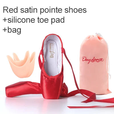 Satin Ballet Pointe Shoes With Ribbons For Women And Teens Professional Dance Shoes Available In Pink Nude Red Black