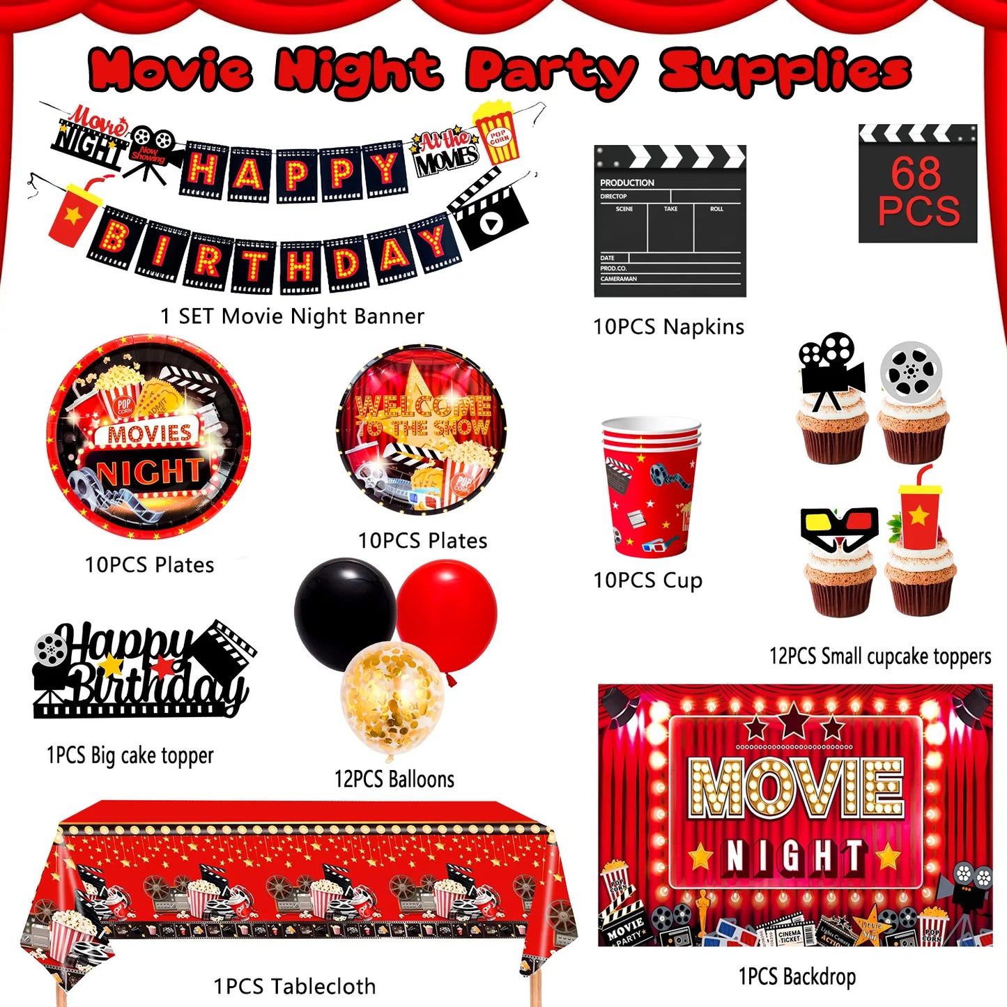Movie Night Birthday Party Decorations and Tableware Set 68Pcs Plates Napkins Tablecloth Movie Night Supplies