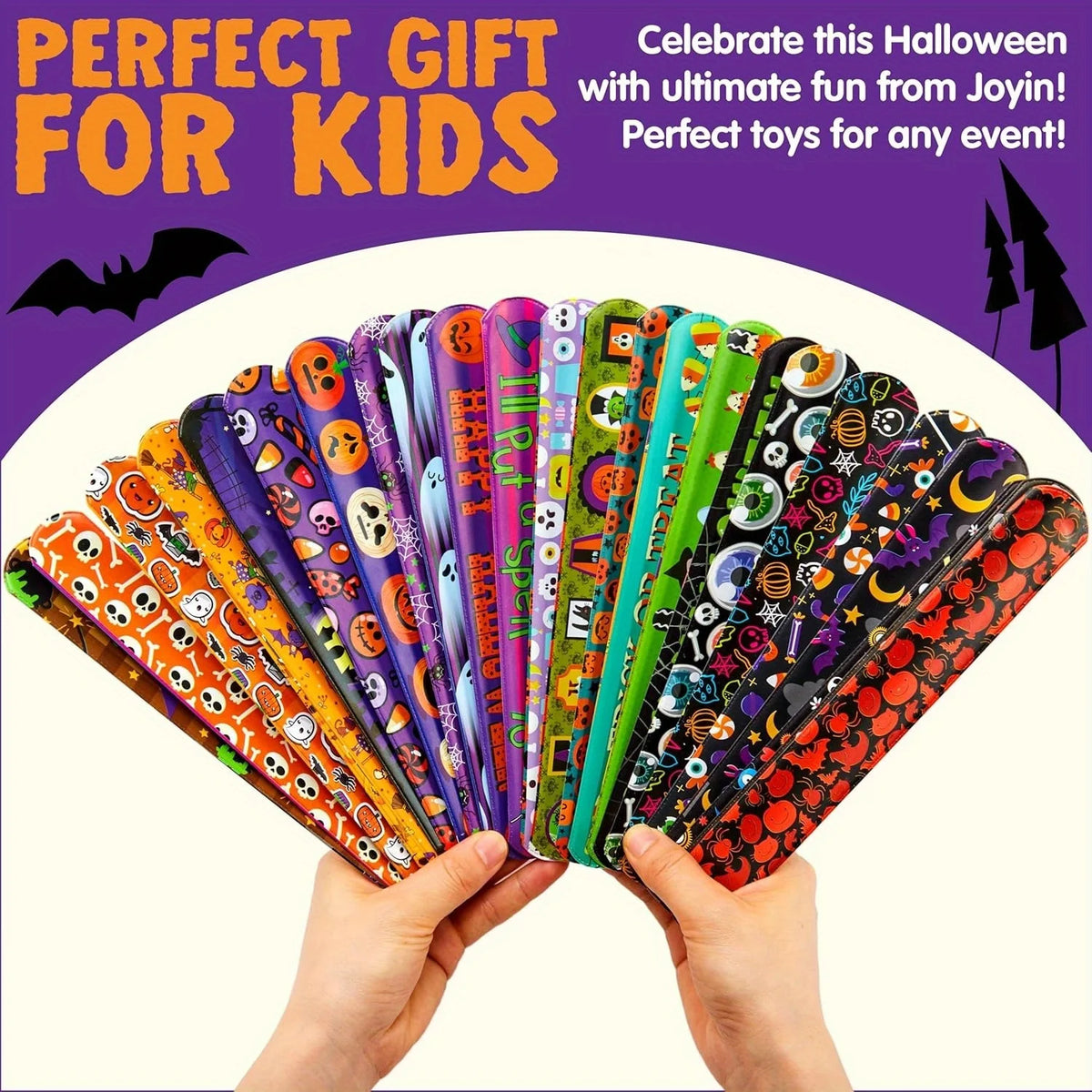 100 PCS Halloween Slap Bracelets for Kids, Halloween Bracelets Bulk for Girls Boys Gifts, Friendship Bracelets Snap Bracelets for Halloween Party Favors Goodie Bag Fillers