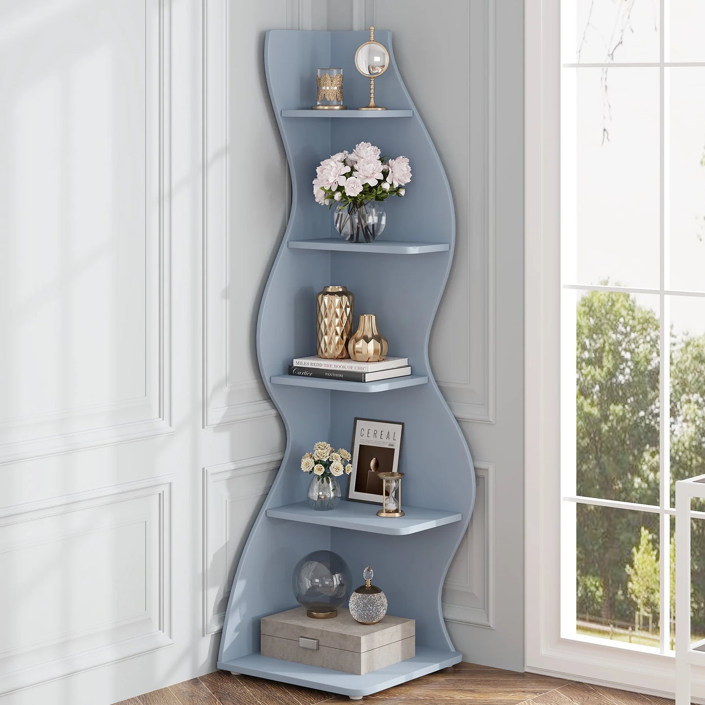 Tribesigns Corner Shelf Modern 5 Tier Wall Corner Bookshelf Stylish Corner Small Bookcase Storage Rack Plant Stand