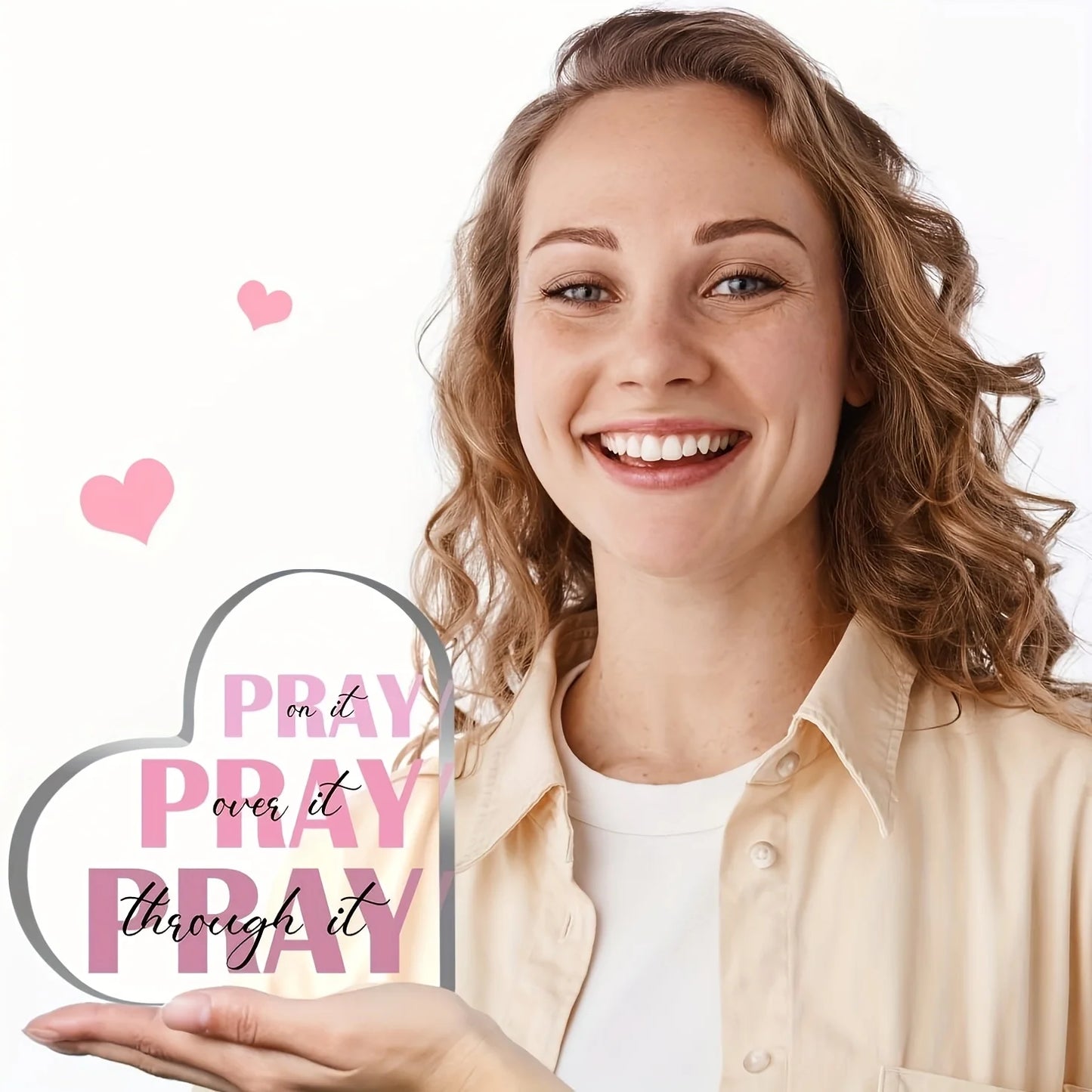 2D Flat, Elegant Heart-Shaped Acrylic Prayer Decor with "Pray It Over It" Inspirational Pink Verse - Classic Desktop Christian