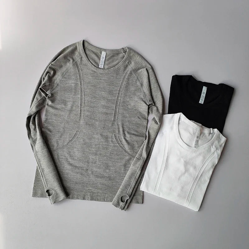 Women Seamless Round Neck Yoga Top Long Sleeve Shirt Winter