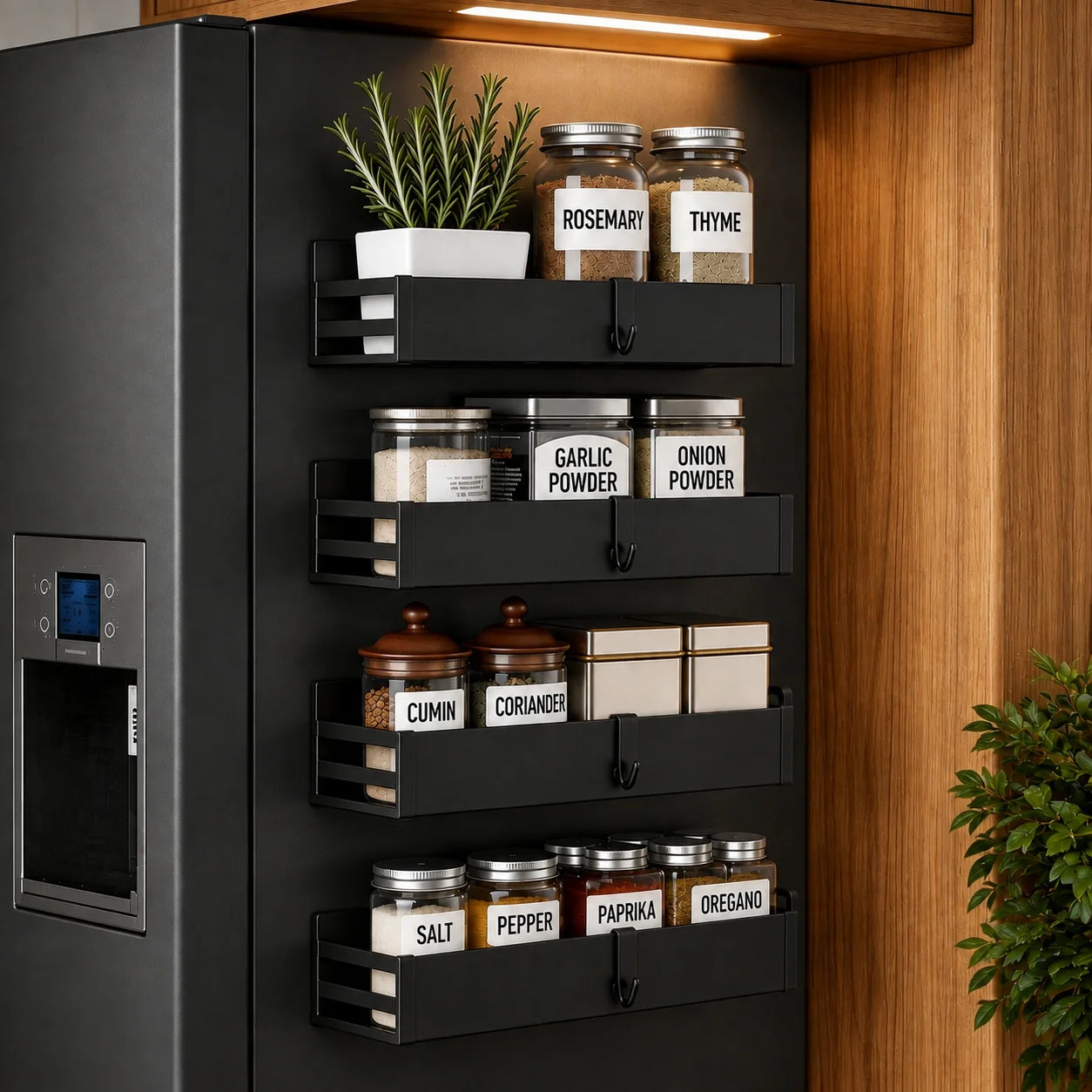 4 Pack Magnetic Spice Rack for Refrigerator, 2 Large & 2 Small Metal Fridge Side Organizer Shelves with Hooks, No Drilling Kitchen Storage Rack