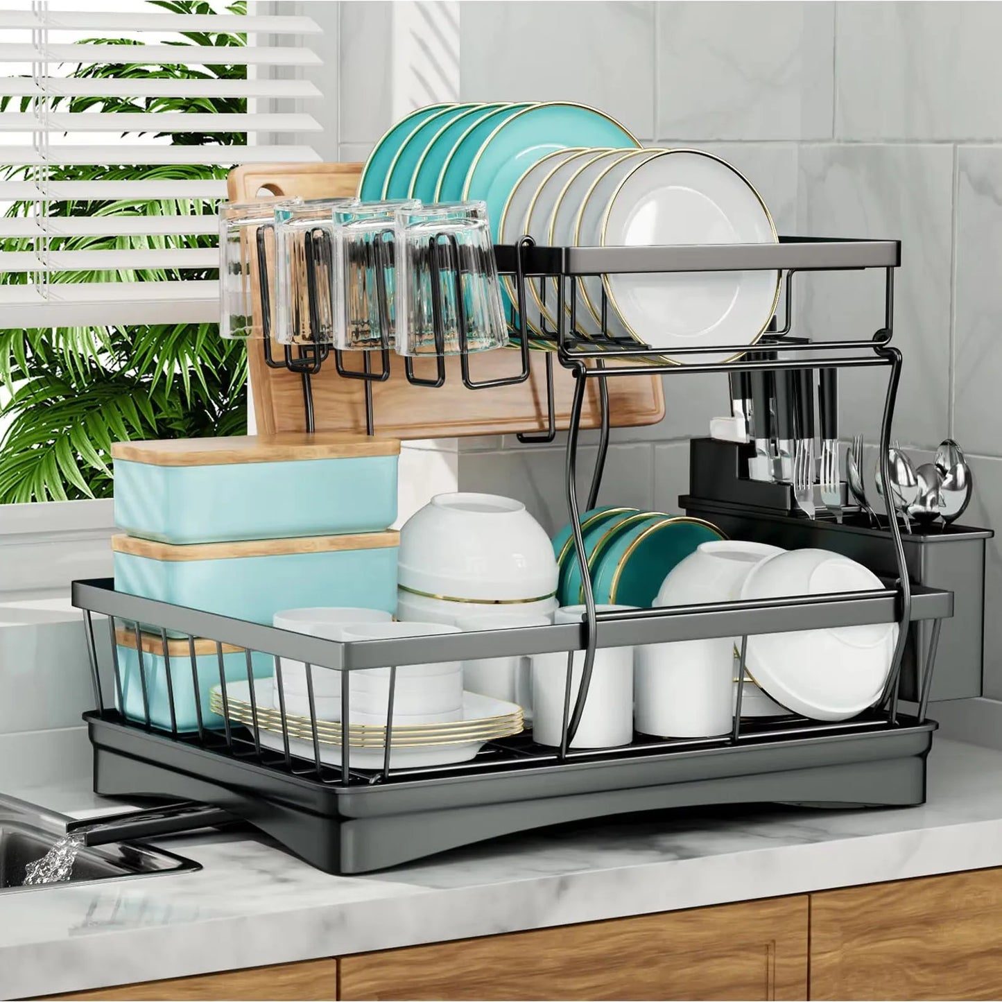 Removable 2-Tier Metal Dish Drying Rack for Kitchen Countertop