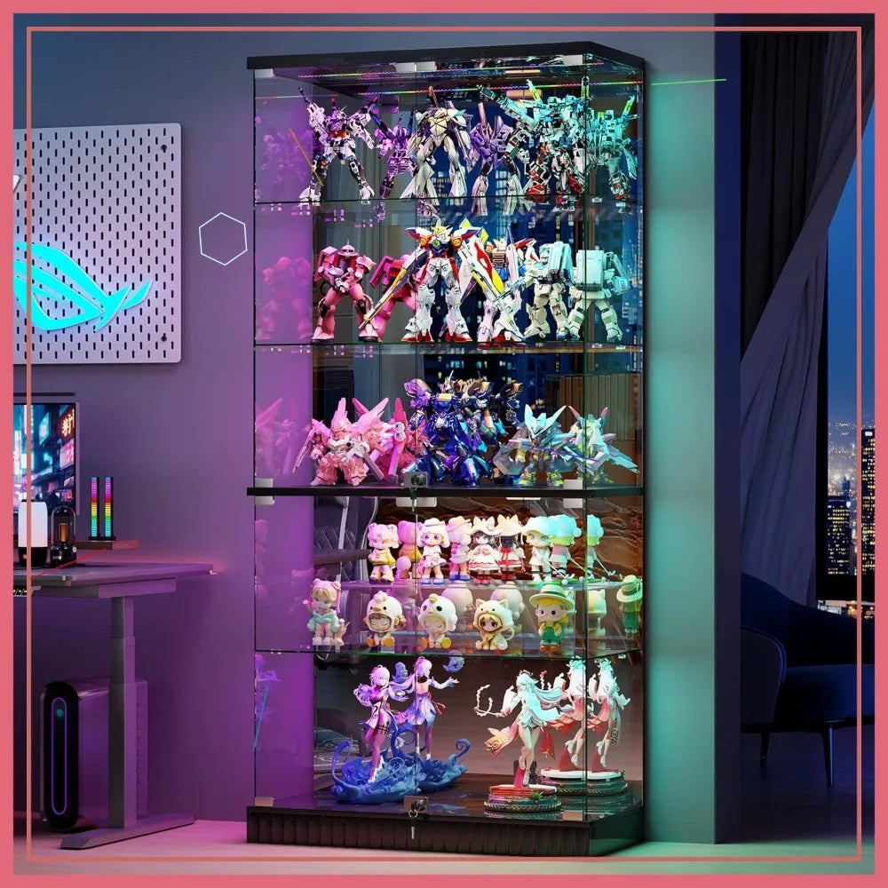 5-Tier Glass Display Cabinet with RGB Lights & Motion Sensor, Lockable for Collectibles, Books, Toys - Black