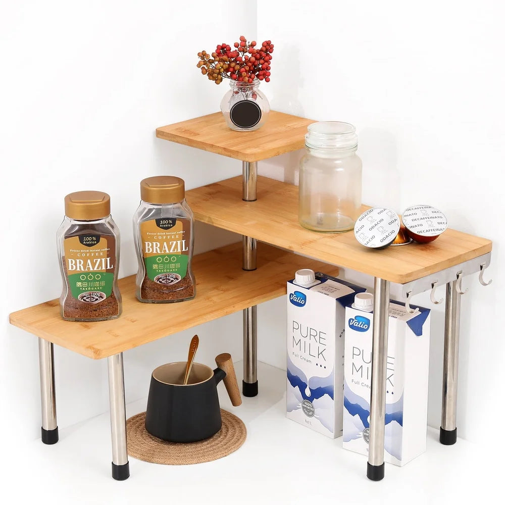 Bamboo Corner Shelf Organizer With Hooks For Kitchen Bathroom