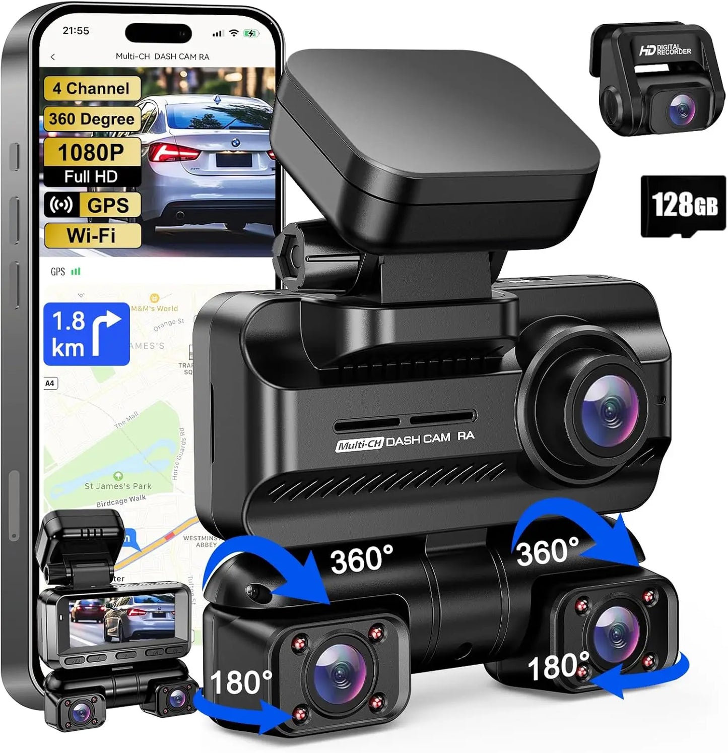 Kankeirr 4 Channel Dash Cam 360 Front Rear Inside 4K