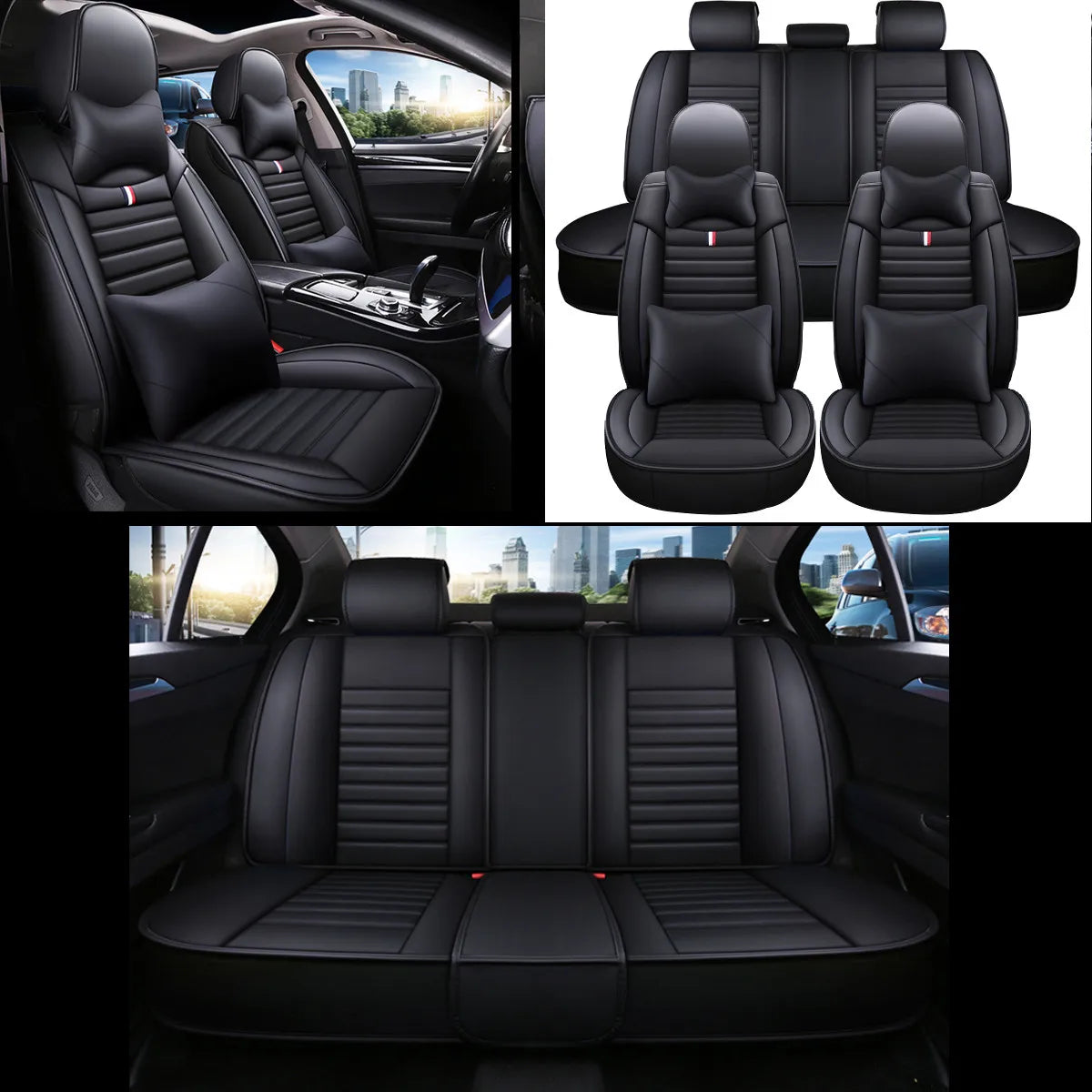 Deluxe 5 Seat Full Car PU Leather Seat Covers with Cushion Fornt and Rear Comfortable for Honda/Toyota/Peugeot/Ford/BMW Universal