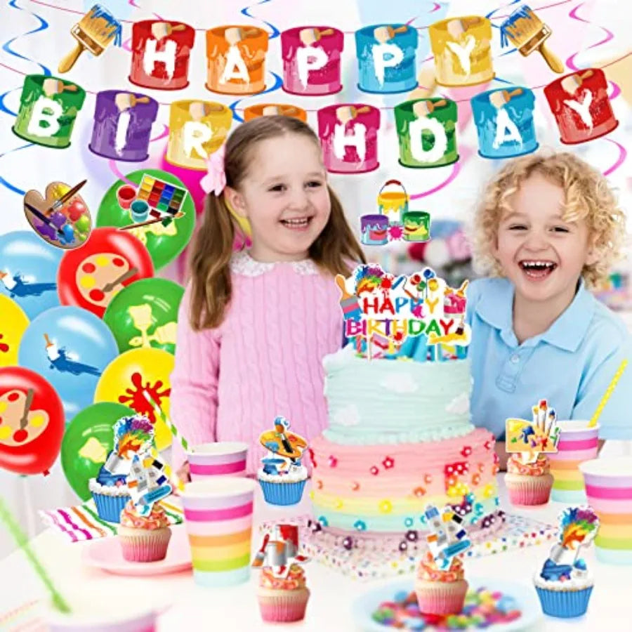 48 Pieces Art Birthday Party Supplies Paint Party Decorations Colorful Latex Balloons Banner Hanging Swirl Cake Cupcake Toppers