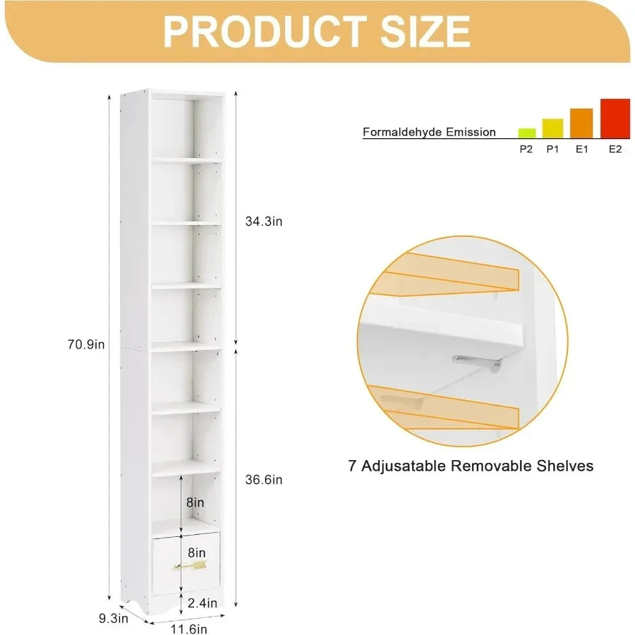 8 Tier Tall Bookshelf With Fabric Drawer For Living Room