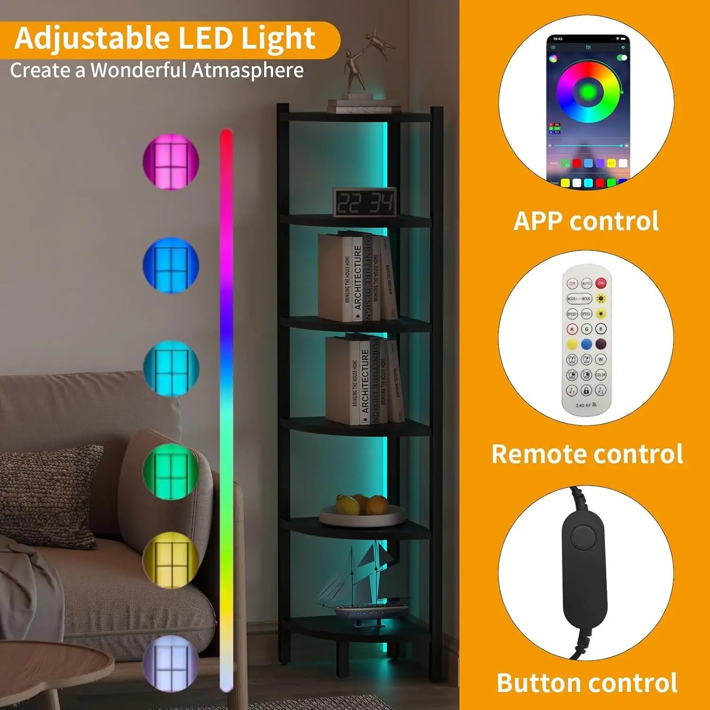 6-Tier Corner Shelf with LED Lights, Steel Frame Display Stand for Living Room, Bedroom, Study in Black