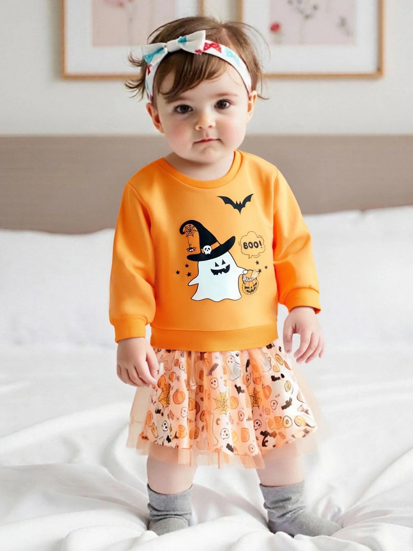 Toddler Halloween Costume Witch Cat Spider Print Tulle Dress and Headband Two Piece Set for Girls Age 1 to 5