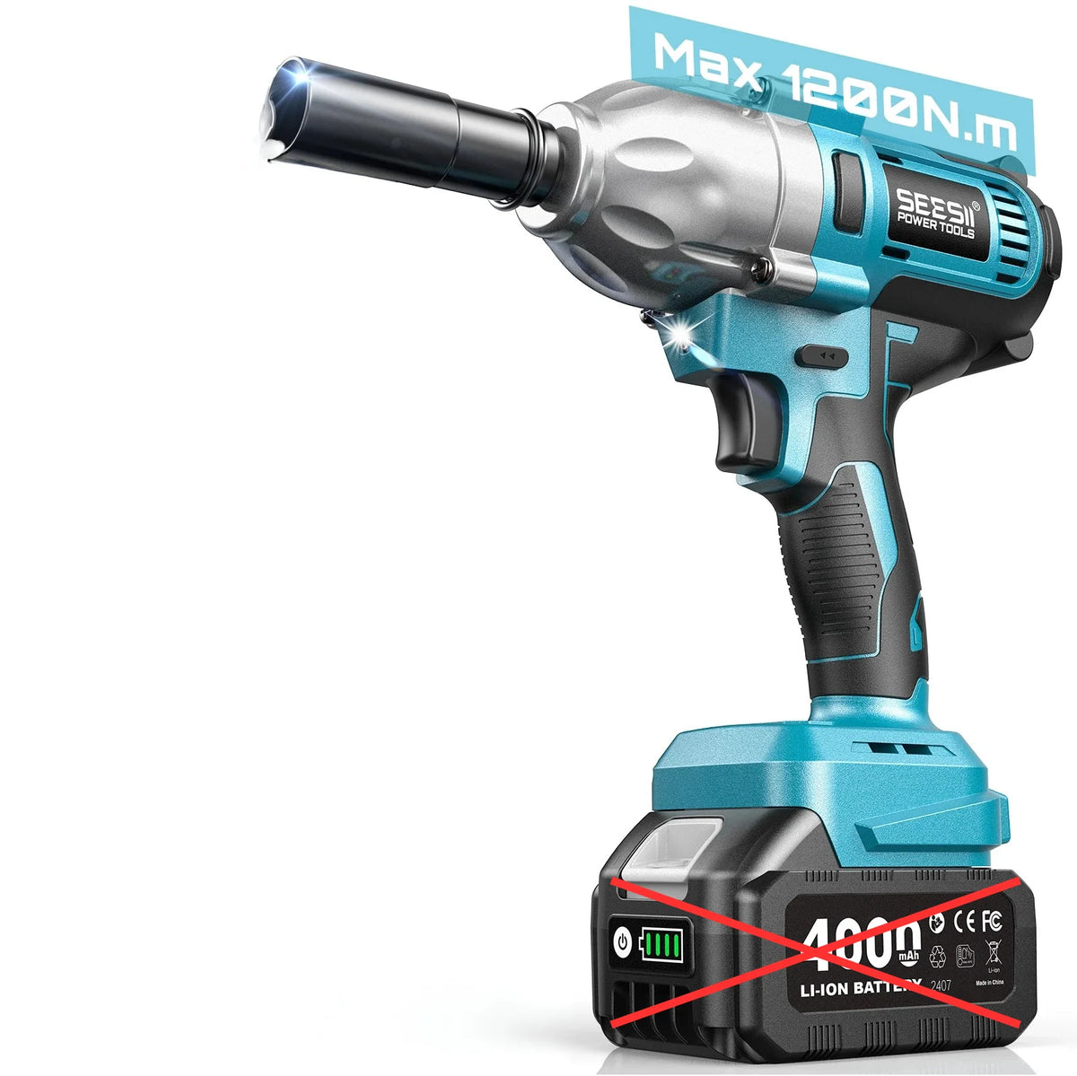 SEESII WH710 Pro 1200N.m Brushless Cordless Impact Wrench 1/2" Electric High Torque Handheld Impact Gun Kit Battery Powered Tool with 4.0Ah Battery LED Light 6 Sockets