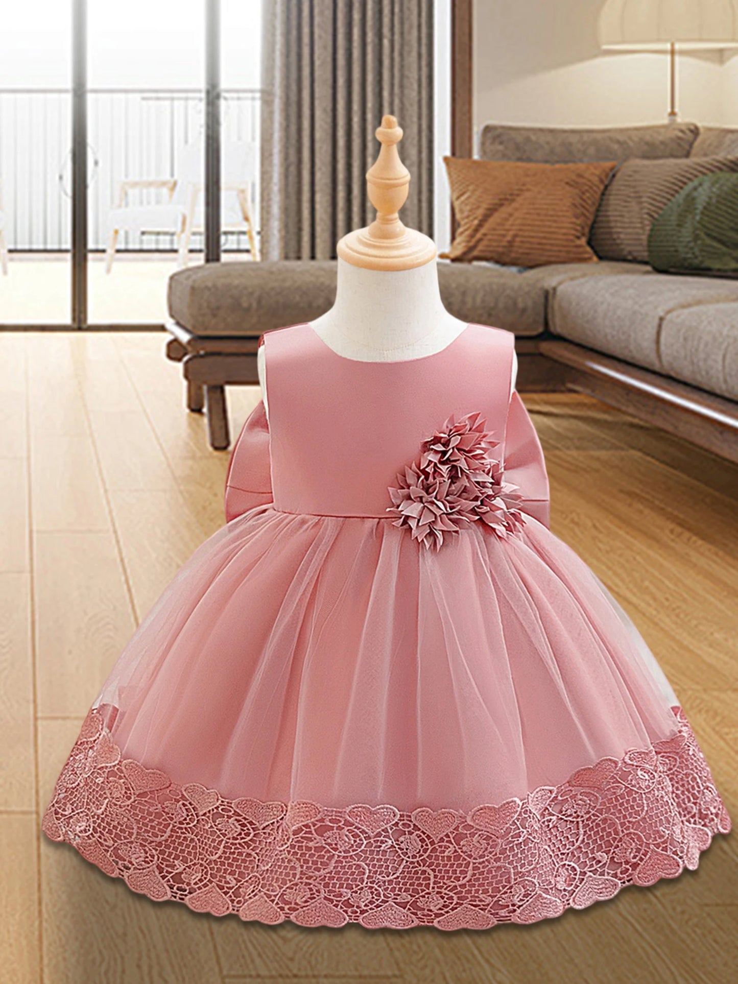 Girls Princess Satin Ball Gown With Floral Embroidery And Big Bow Detail Sleeveless Party Dress For Birthday Or Wedding
