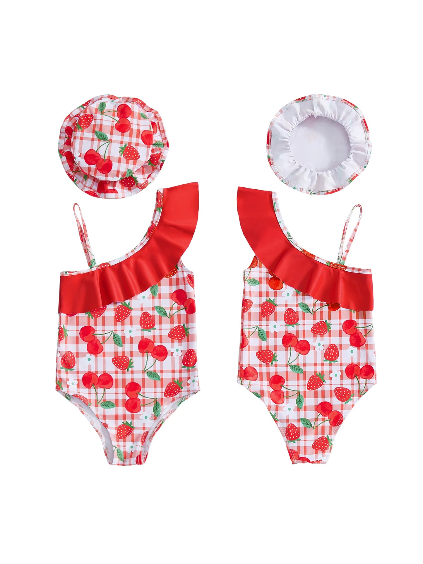 Nonecn Toddler Girls Strawberry Print 2 Piece Swimsuit Set Hat