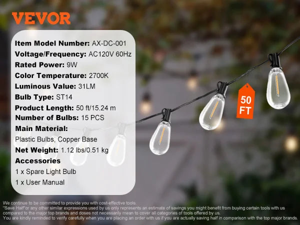 SucceBuy LED Outdoor String Lights 2700K Dimmable Waterproof