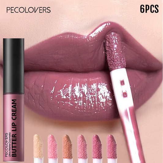 6PCS/SET Butter Lip Cream Gloss, Glossy, Silky, Hydrating, High Shine Finish, Rich Color, Lightweight Non Sticky, 6 Assorted Daily Nude Shades, Smooth Applicator Wand, Long Wear Liquid Lip Makeup Kit for Daily Casual Lip Styl