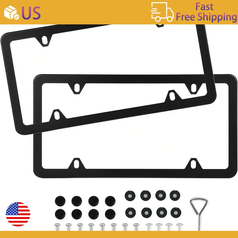 2 Pcs Stainless Steel US-Spec License Plate Frame with Square Holes and Slim Edges Includes Accessory Screws and Wrench US size