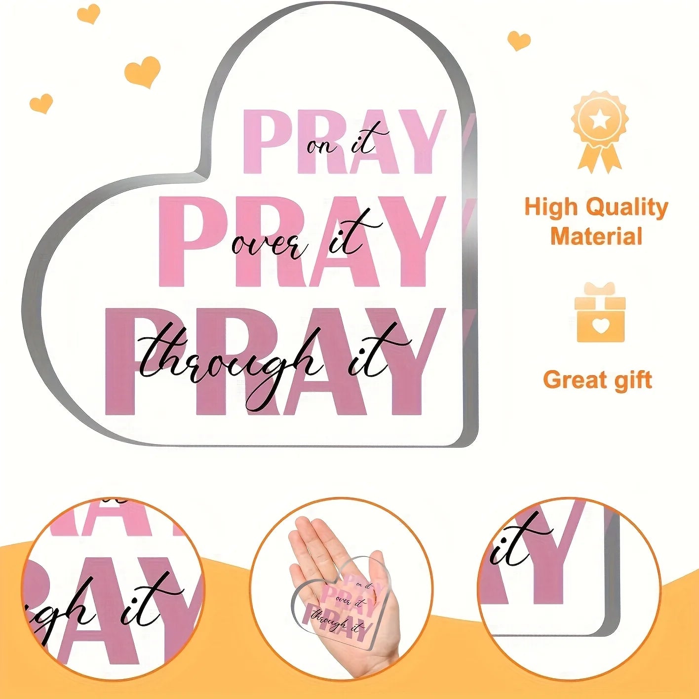 2D Flat, Elegant Heart-Shaped Acrylic Prayer Decor with "Pray It Over It" Inspirational Pink Verse - Classic Desktop Christian