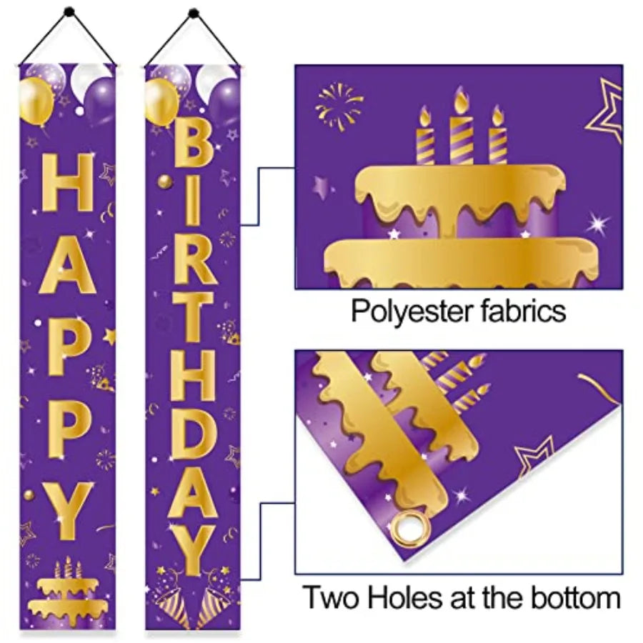 Purple Gold Happy Birthday Door Banner Decorations, Happy Birthday Porch Sign Party Supplies for Girls Women, 16th 21st 30th 40