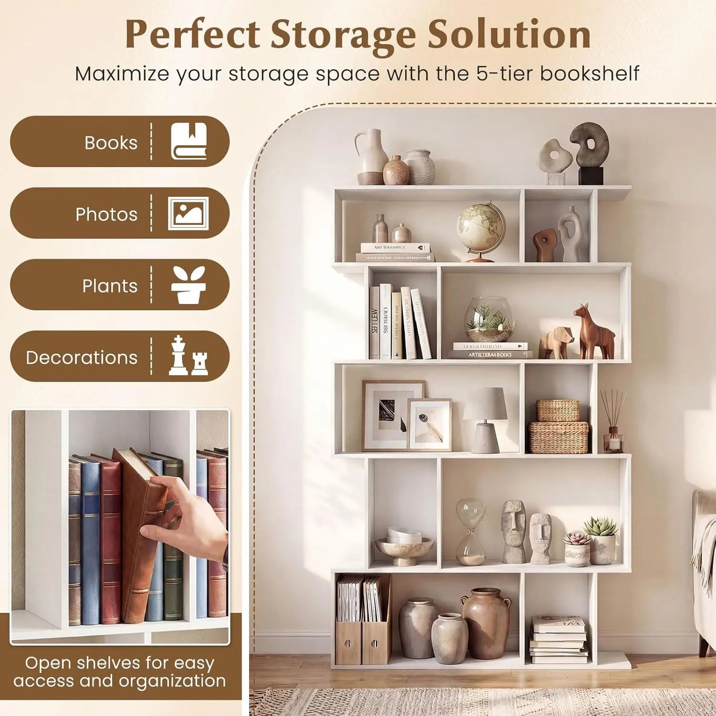 5-Tier 10-Cube Bookcase Set 2 Closed-Back Cubbies Anti-topple Kit Living Room Home Office Bedroom Shelf, Customized