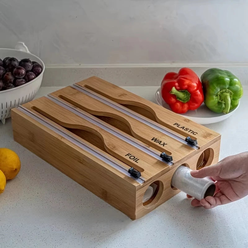 3-in-1 Bamboo Wrap Dispenser Drawer Organizer for Foil Plastic Wrap & Parchment Paper with Built-in Cutter & Label Holders