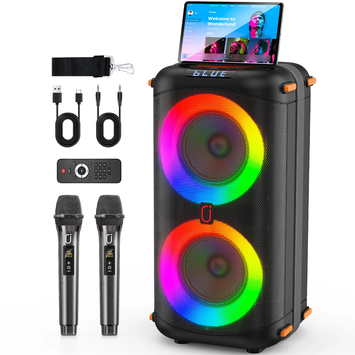 T27 Wireless Bluetooth Speaker, Karaoke Machine with 2 Microphone, Home Karaoke Party Speaker with Led Light