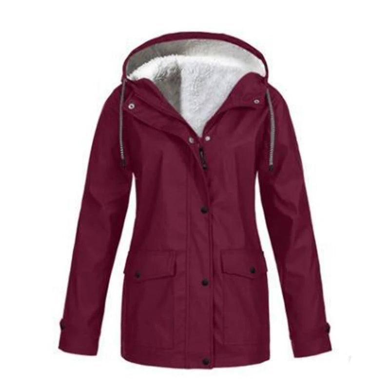 NONECN Women's Windproof Velvet Waterproof Hooded Jacket Outdoor Coat