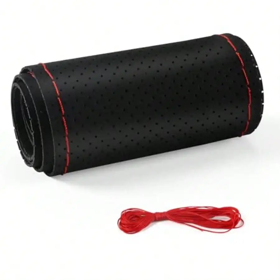 Leather Steering Wheel Cover Stitch On Wrap 15 Inch Steering Wheel Wrap Universal For Car Truck SUV Breathable Anti-Slip DIY Sewing With Needle Thread Black+Red