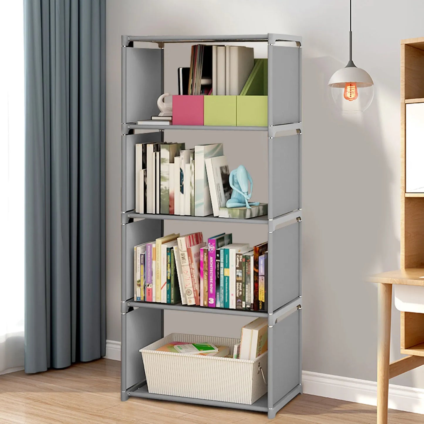 4 Layer Bookcase Ladder Shelf Grey Wall Rack For Living Room Durable Display Stand Storage