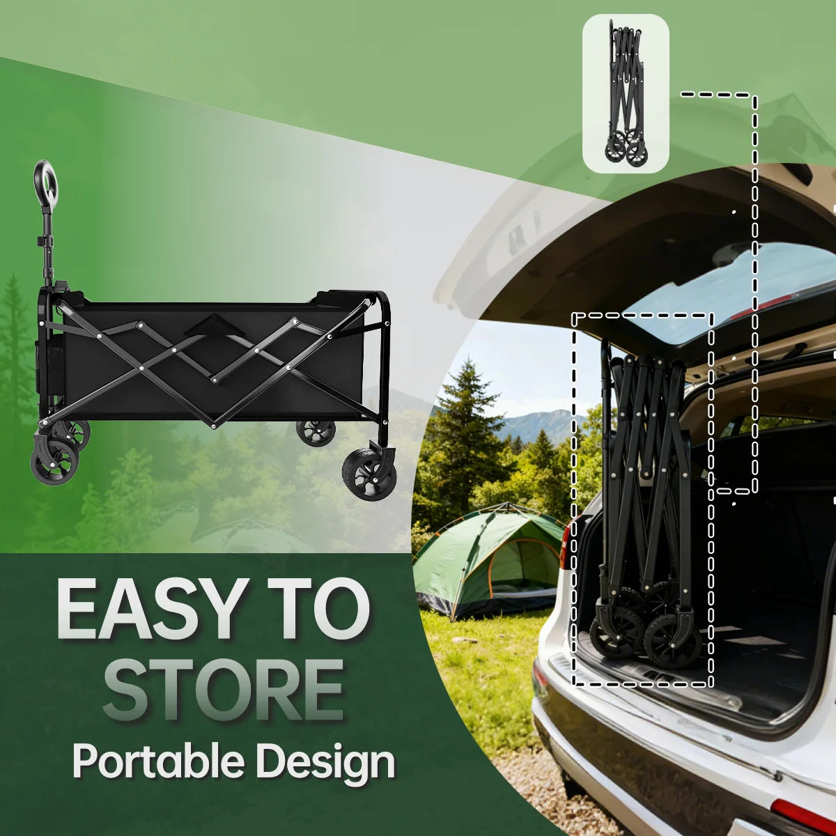 Heavy Duty Large Capacity Folding Cart with Stainless Steel Frame And 600D Oxford Cloth Black All Terrain Multi-Purpose for Camping Gardening Beach Shopping No Assembly Required
