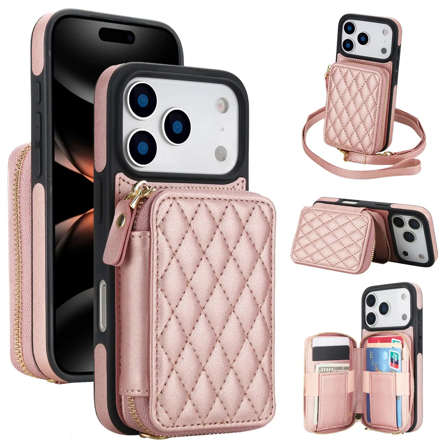 Crossbody for iPhone 17 Pro Max 17 Pro,RFID Blocking Zipper Handbag,Kickstand Folio Case,Card Slots Holder Wrist Strap Lanyard