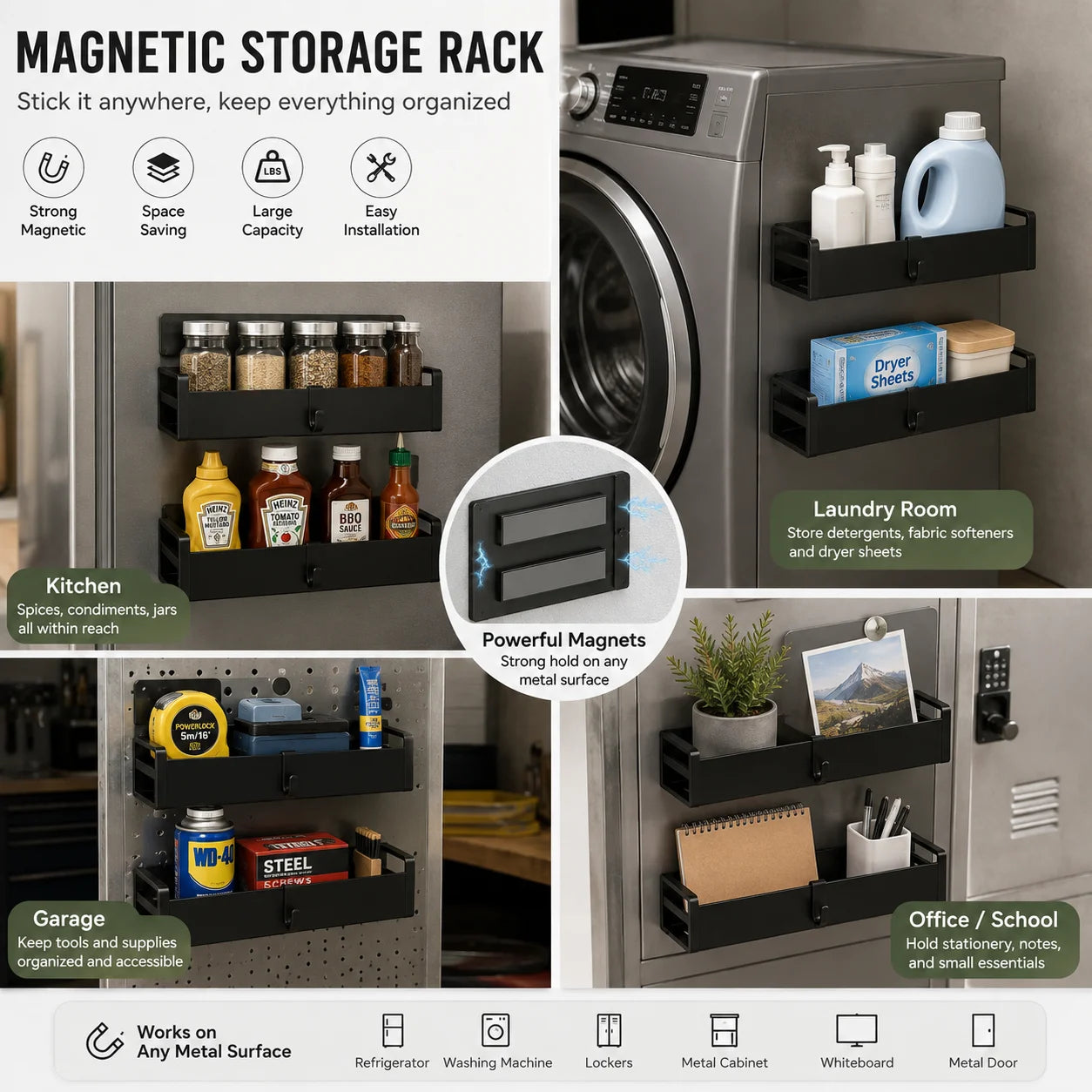 4 Pack Magnetic Spice Rack for Refrigerator, 2 Large & 2 Small Metal Fridge Side Organizer Shelves with Hooks, No Drilling Kitchen Storage Rack