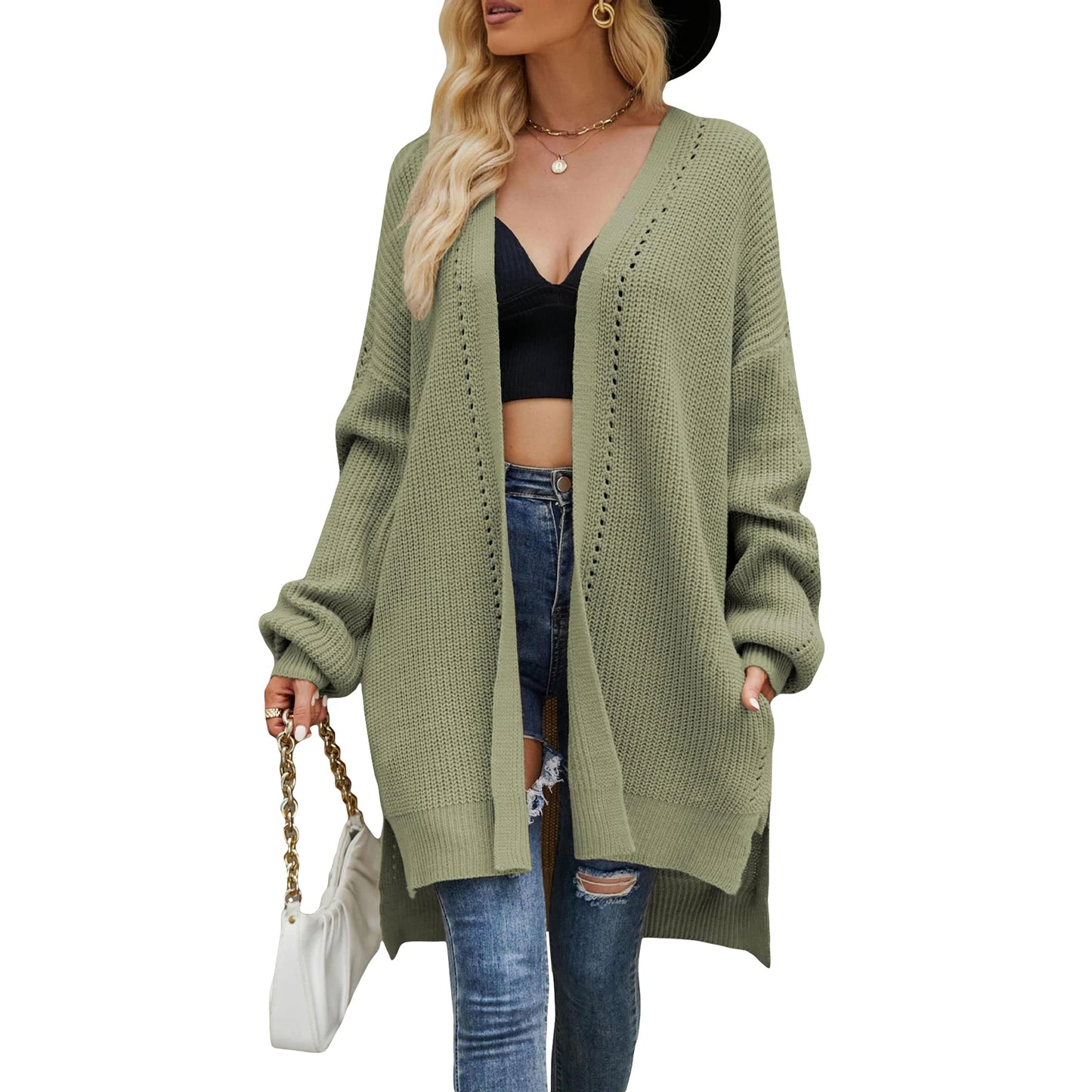 Women Autumn Winter Knit Cardigan Long Sleeve Open Front Split Hem Knitwear Sweater