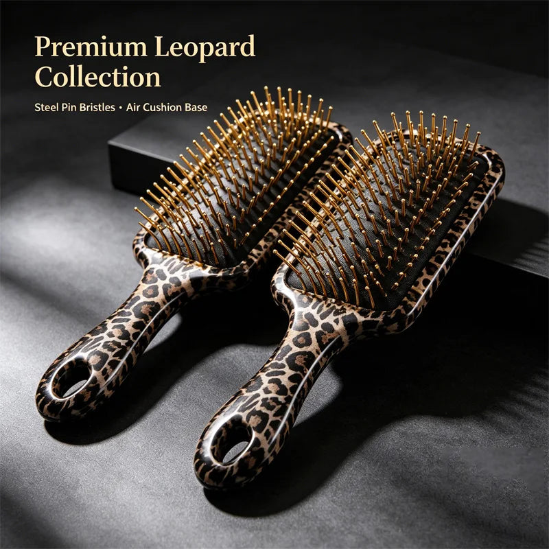 2Pcs Spray Hair Brush & Leopard Paddle Brush Set Refillable Fine Mist Hair Comb Detangle Anti‑Frizz Scalp Massage Air Cushion Hair Styling Tool for Women Wet Dry Hair