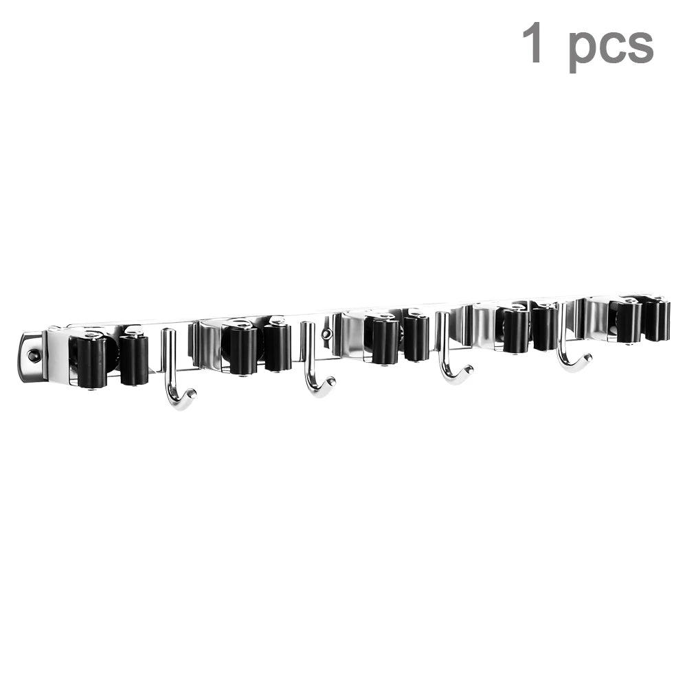 Adhesive 4 Hook Broom Mop Organizer Stainless Steel Wall Rack