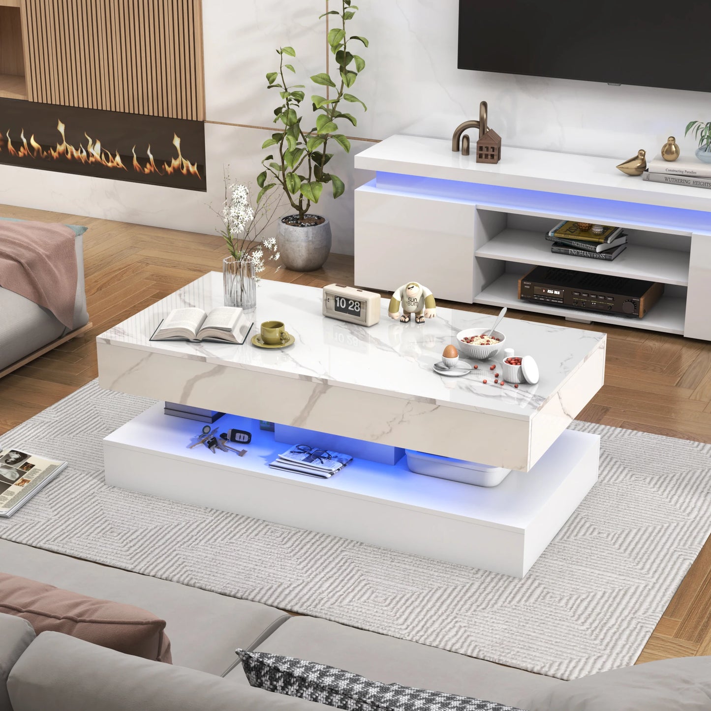 QiaoShiRen Modern LED Coffee Table With Double Layer Storage