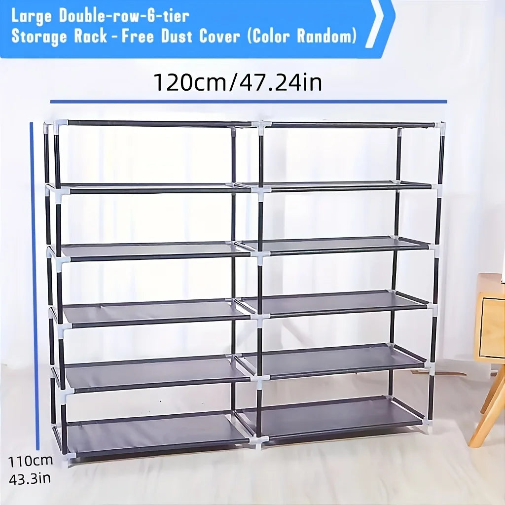 6 Layer Double Row Shoe Rack With Dust Cover Easy Assembly For Shoes Black Plastic 12 Grid Storage Rack