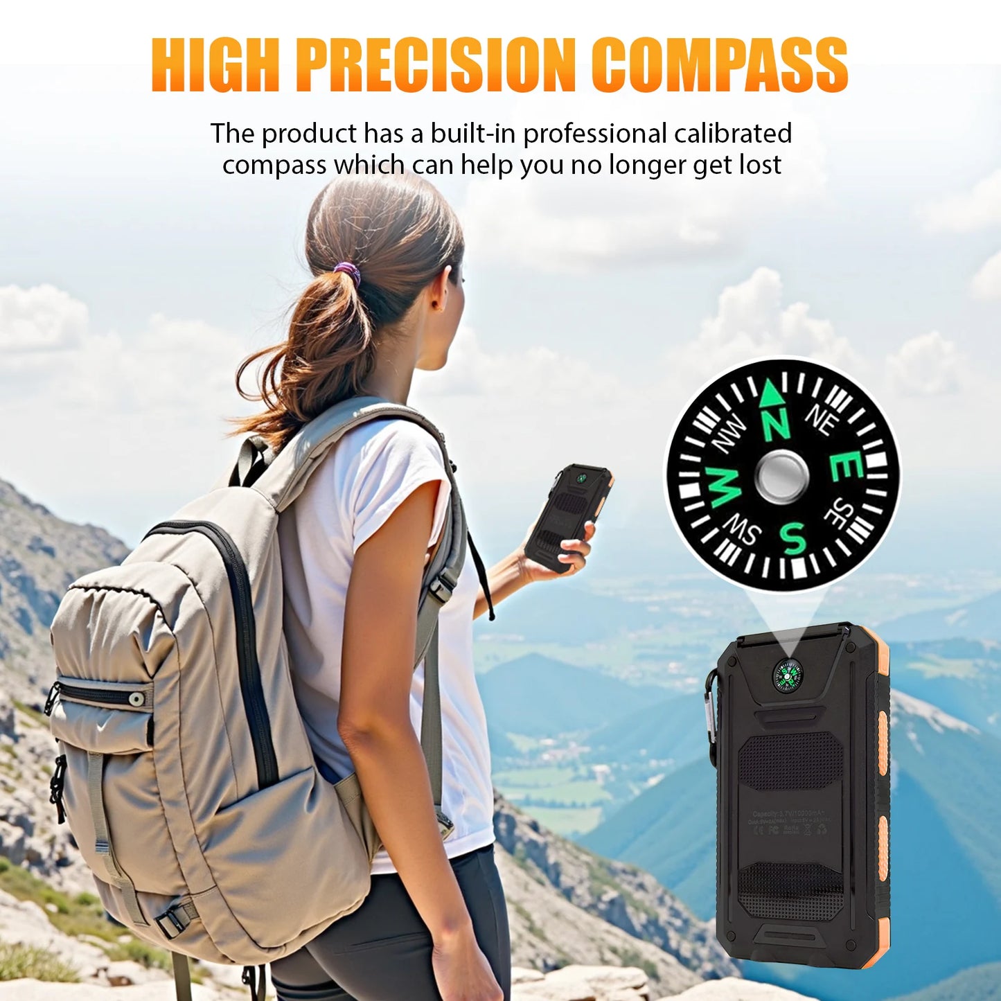 10000mAh Solar Power Bank Waterproof Outdoor Dual 5V 1A USB Ports Fast Charging LED Flashlight Wireless Charger 20W