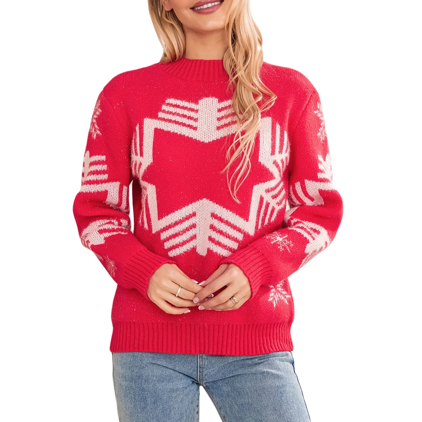 Hirigin Women Christmas Snowflake Knit Sweater Long Sleeve