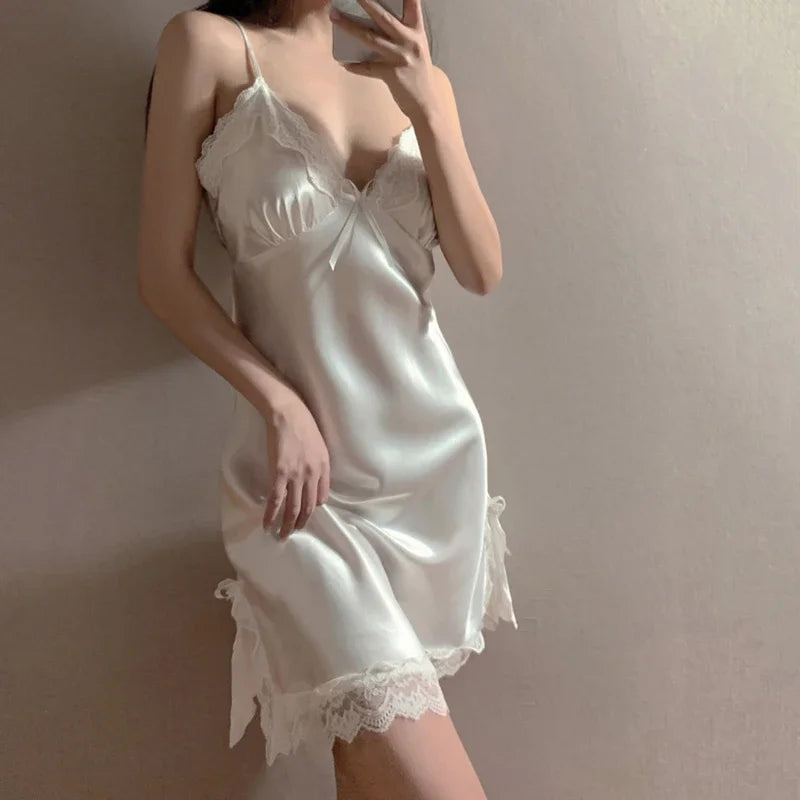 Sexy Lace V Neck Nightdress Satin Sleepwear For Women
