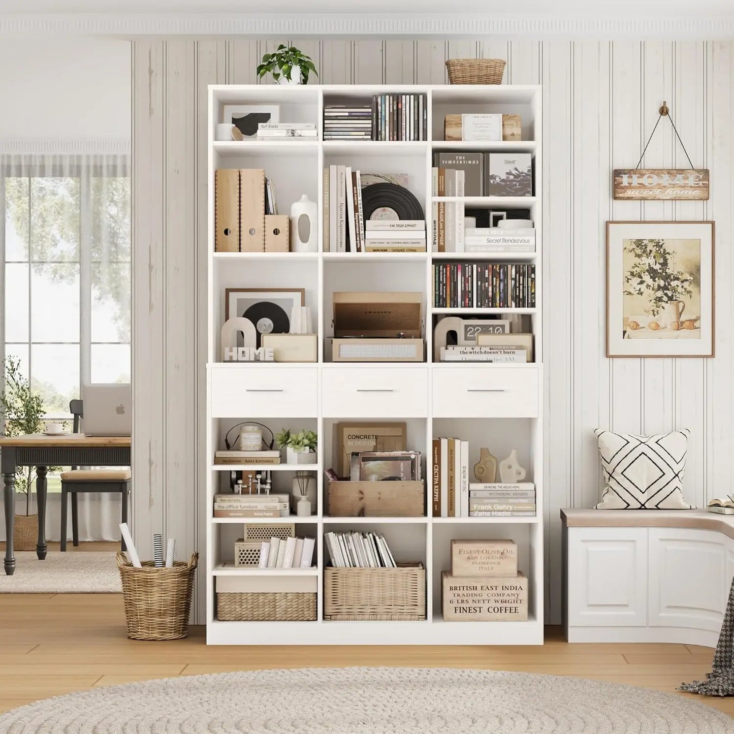 75" Tall Book Shelf and Bookcase, 47" Wide Bookshelf with Drawers, Modern 9 Tier Bookcase with Storage, Large Wood, Customized