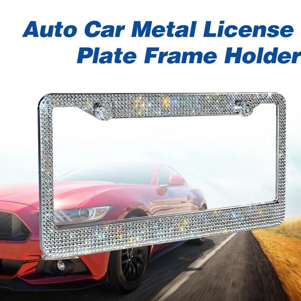 2PCS Bling Crystal Diamond Car License Plate Frame Stainless Steel Shiny Rhinestone License Plate Cover Holder Universal Auto License Tag Frames